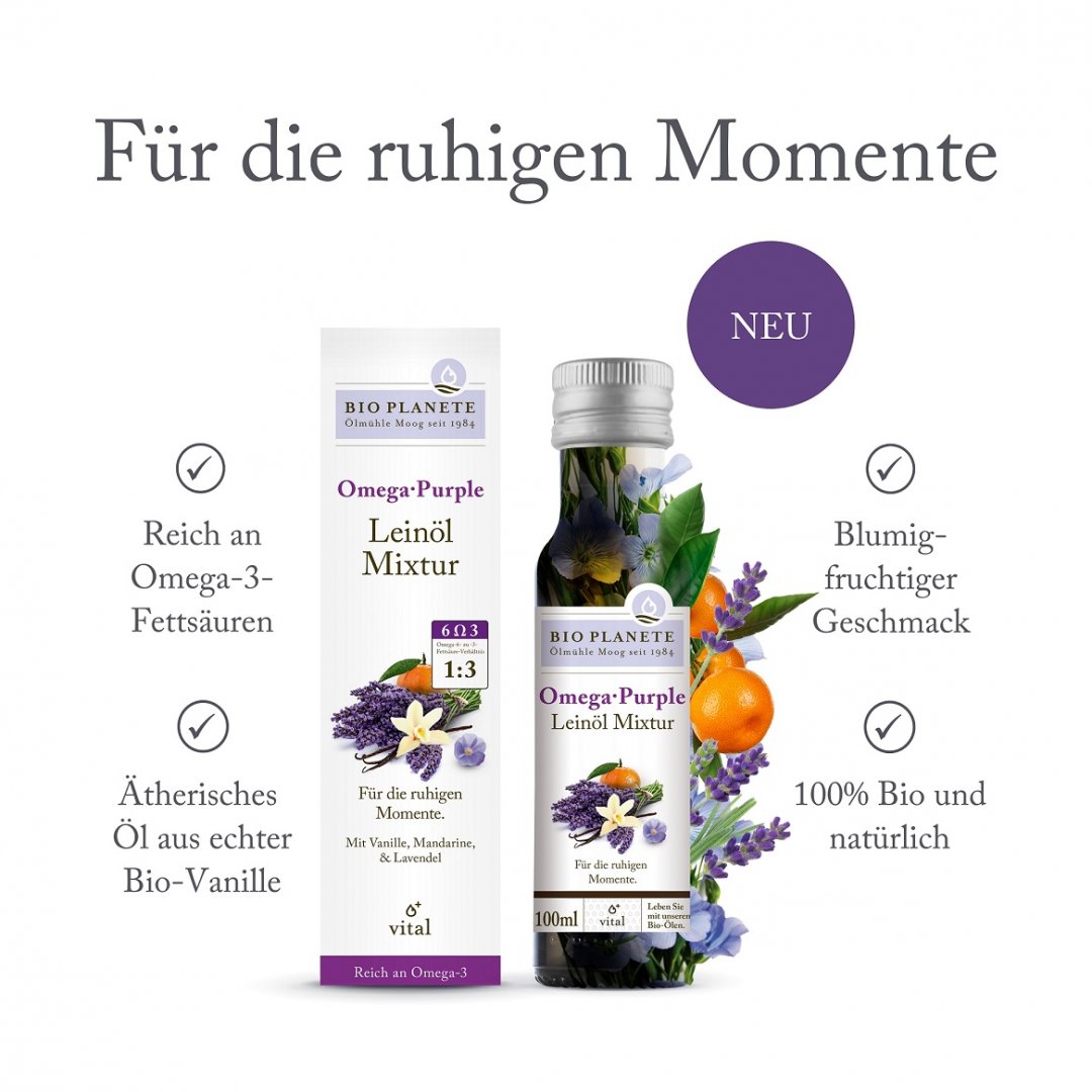 Omega Purple Leinöl-Mixtur - Packshot mit USPs